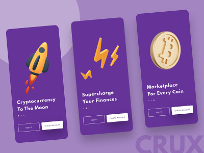 Crux - Crypto Market place 3d crypto cryptocurrency design finance fintech ill illustration invision market minimal new onboarding popular purple studio trending ui white