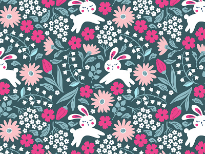 Vector pattern with cute bunny and spring flowers bunny character children children room interior design fabric flat flatillustration illustration pattern seamless pattern surface surface design surface pattern surfacedesign textile vector vector illustration wallpaper wrapping paper