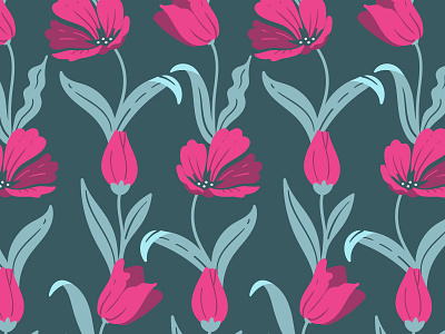 Vector seamless pattern with tulips on dark green background