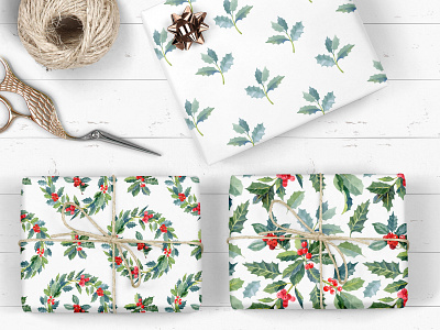 Christmas  wrapping paper. Green holly branches and red berries