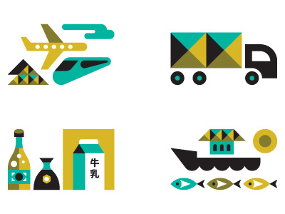 Monocle japan japanese business sectors monocle magazine editorial illustration plane truck train rail soy boat fish sun milk economy cloud mt. fuji transport icons icon tokyo fishing beer mountain ty wilkins