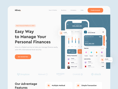 Miwa - Financial Landing Page app app design branding clean design financial flat landing page simple ui uiux ux wallet web website