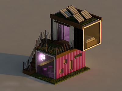Small Living building c4d grass house lighting modern parallel residential solar