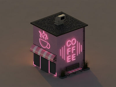 COFFEE Shop 3d brick building c4d chair grass house neon neon lights pink