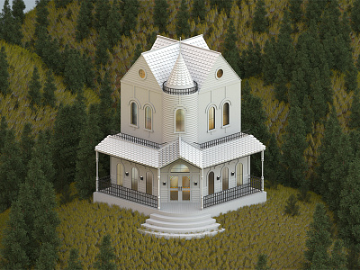 House on the Hill 3d c4d cinema 4d home house illustration landscape trees victorian white