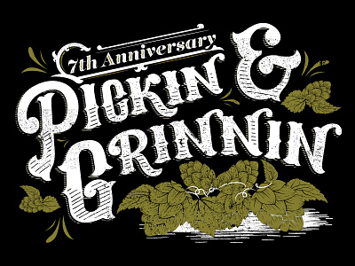 Pickin & Grinnin beer brewery hand hops illustration lettering minnesota poster retro texture tshirt vintage