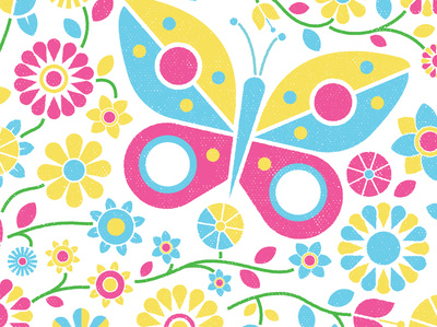 Spring bright butterfly flowers illustration leaf lettering