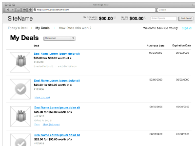 DealSite — My Deals ecommerce wireframe