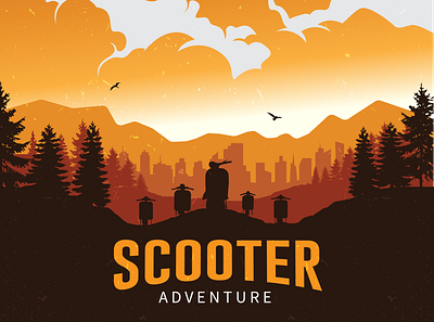 scooter adventure adventure beautiful forest illustraion illustrator scooter silhouette sunrise vector
