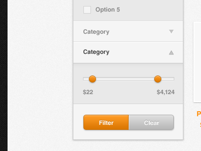 Filter aside button clear depth dropdown ecommerce filter knobs menu nav sidebar slider subtle ui user interface