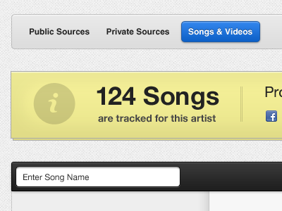 124 Songs app bar button info input music nbs next big sound note search tabs ui user interface web app web application