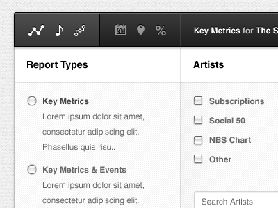 Report Types & Artists app artists feedback filters inputs metrics music nbs next big sound table tabs ui user interface