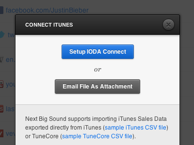 Connect iTunes app button import mask modal music next big sound ui user interface