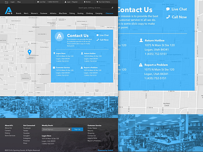 Als Sporting Goods Contact Page blue contact layout location map sporting goods ui ux