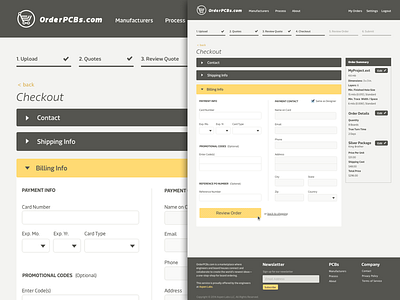 Orderpcbs Checkout Billing accordian branding commerce form grey layout ui ux warm yellow