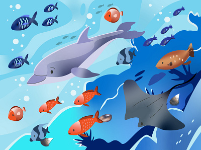 Underwater adobe illustrator clam design dolphin fish fishing illustration sea stingray underwater vector