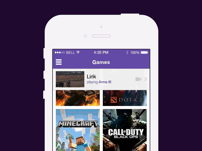Mobile Pinned Player app broadcast games ios live mobile twitch ui ux video games