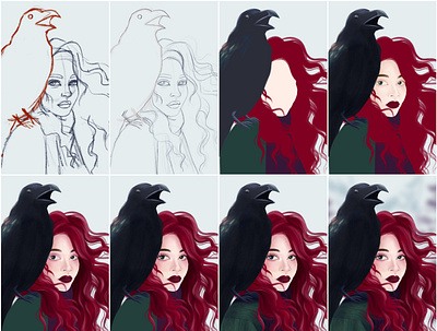 Raven Queen - process animal digital forest illustration painting step by step winter witch witchy