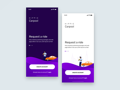 Carpool App (Dark v/s Light) adobexd carpool illustration login madewithxd onboarding purple register ux uxdesign