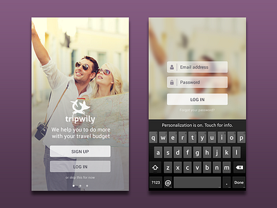 Tripwily - Splash and login screen login button mobile app mockup travel ui