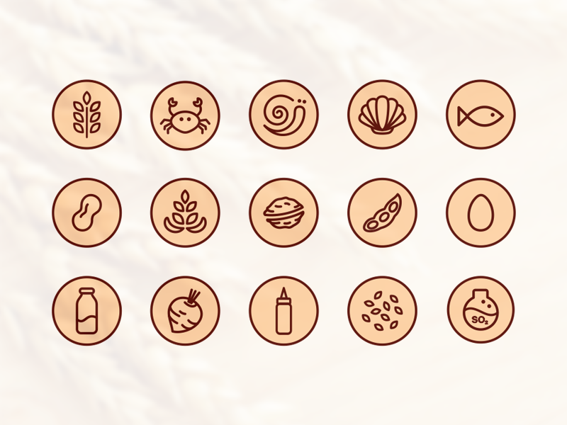Food Allergens Icons sulfur dioxide sesame celery soy walnut peanuts fish shell snail crab allergens food