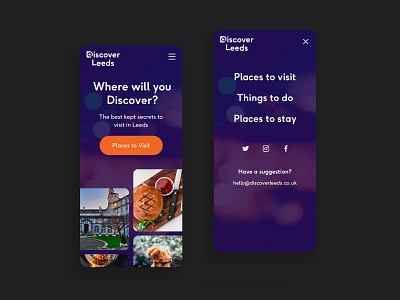 Discover Leeds Mobile clean design app discover food food app food ui madebyswish minimal mobile mobile app mobile app design mobile ui outdoor purple ux