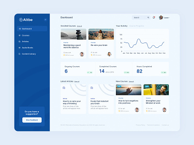 Altbe Dashboard clean course cards course platform dashboard dashboard ui design desktop app digital education website educational platform elearning platform graphs madebyswish news article sidebar menu stats swish ui ux website