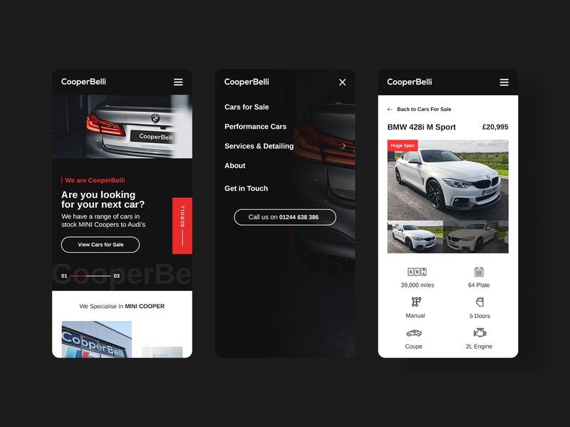 Cooper Belli Mobile Designs automotive car website clean dark madebyswish mobile mobile app modern ui ux web design website white