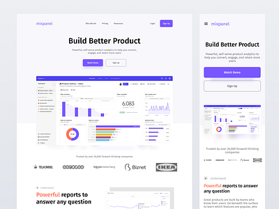 Mixpanel - SaaS Landing Page clean exploration landing page minimal purple saas