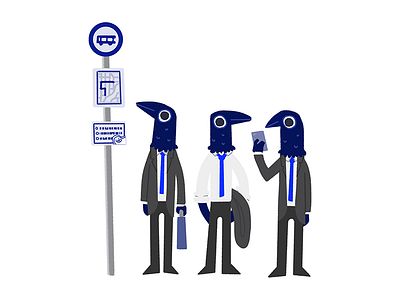 Huevember Day 18 (Salarymen) birds blue bus stop businessmen huevember illustration indigo salarymen