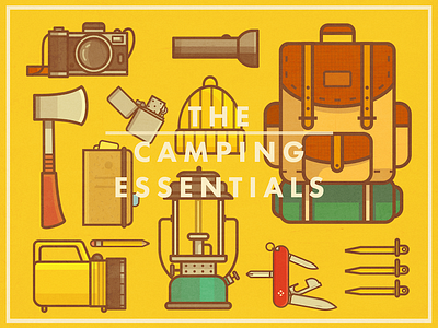 The Camping Essentials adventure backpack camping design hatchet illustration swiss army knife zippo
