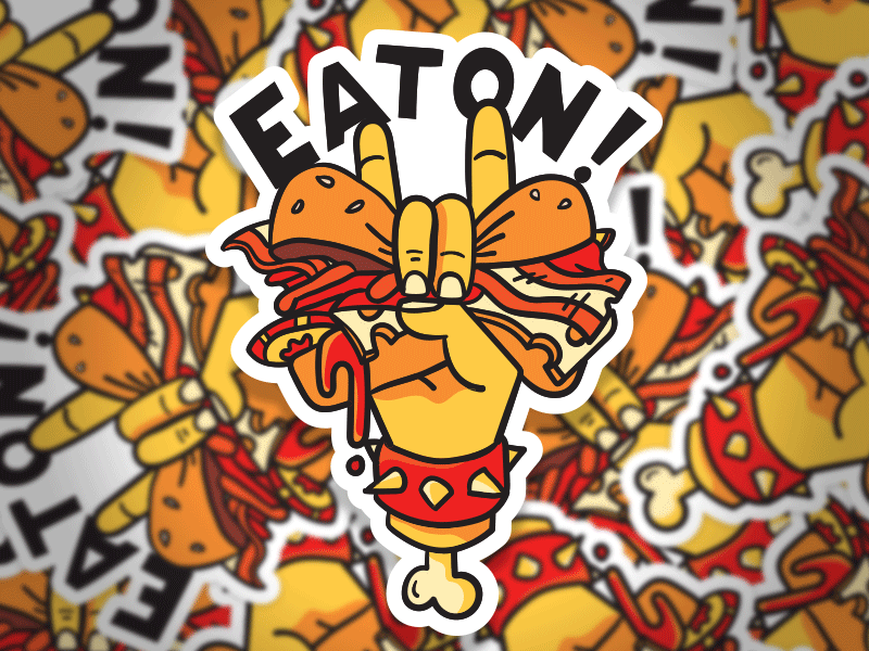 EAT ON! badass fingers food hand illustration punk rock rock on sandwich sticker