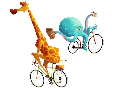 The Morning Commute bicycle bike disney giraffe illustration octopus ride texture