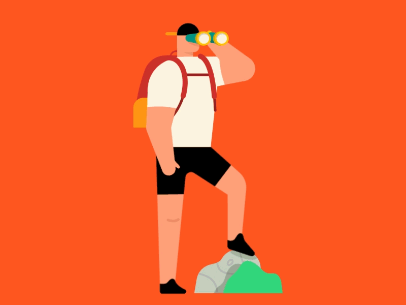 Searching adventure animation backpack binoculars motion plant rock