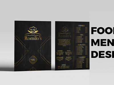 ROMILO'S GOLDEN FOOD MENU DESIGN branding dasert design drinks food food menu golden food menu illustration menu restaurant restaurant food menu vegan web