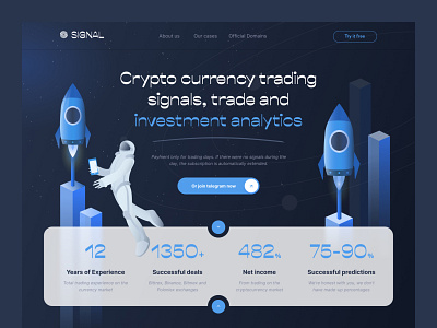 Crypto currency trading signals bitcoin bitcoin wallet blockchain coin crypto crypto currency crypto exchange cryptocurrency dark dark theme defi ethereum investment landing page nft payment profit trade website