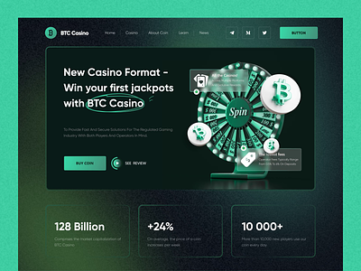 BTC Crypto Casino animation banner lottery bitcoin blockchain btc casino clean coin crypto crypto wallet cryptocurrency finance gradient graphic design landing landing page nft ui ux website