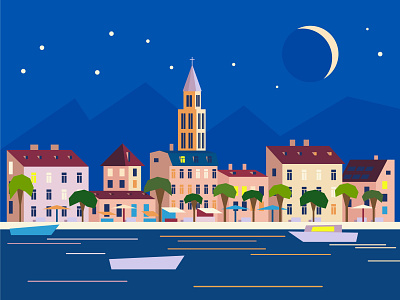 Night costline town vector illustration