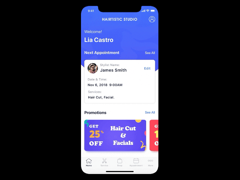 Salon Studio Book Appointment animation app design micro interaction ui ux
