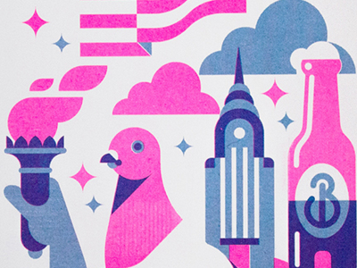 The Big Apple (printed) beer building liberty new york pigeon poster risograph