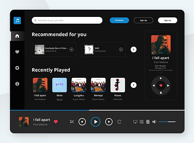 Music Player Web app clean dark dark mode design desktop figma icon music music player player ui ui ux ui design uiux user interface ux ux design web web design