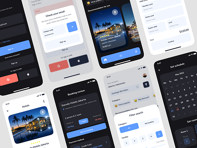 Booking hotel app app booking clean dark design flat hotel light mobile ui ux