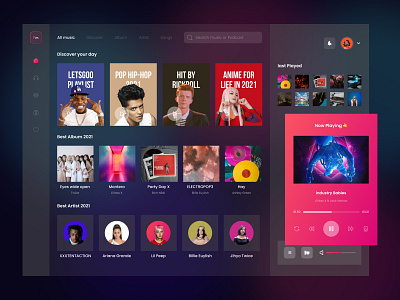 FM Music - Dashboard Music Player for Desktop app card clean dark dashboard design flat gradient music play podcast streaming ui ux
