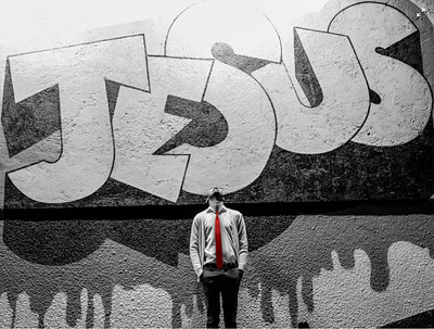 Everyone needs someone to look up to... art bible black and white business christian graffiti jesus lettering man red spray paint suit tie typography wall