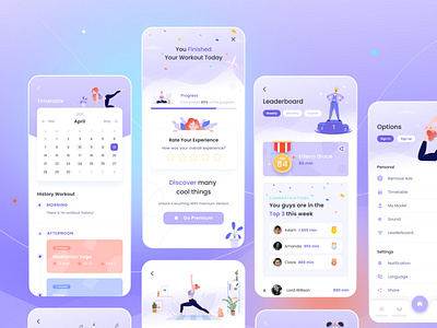 Yoga App app calendar charts fitness healthy illustration interface ios leaderboard minimal mobile rate setting success timeline timetable ui workout yoga