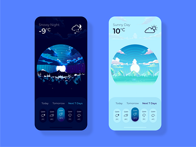 Weather App app app design blue clouds concept day design illustration mobile app mobile ui moon mountains night sun ui ux vector weather weather app weather forecast