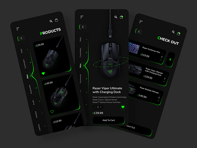 Razer Shop App app app design cards cart concept design dark dark theme gaming green keyboard market mobile app mouse razer shop ui ux