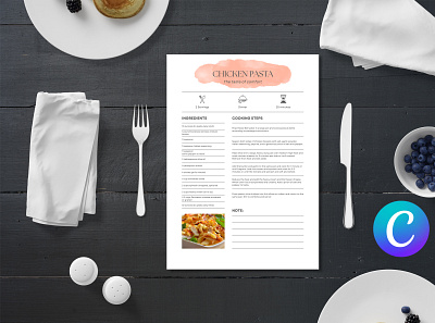One page Recipe Sheet Canva Template creative editable minimal one page pasta recipe printable recipe recipe book recipe sheet
