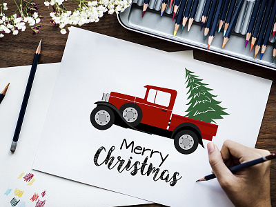 Christmas Truck & Tree Illustration ai christmas christmas tree christmas truck creative editable eps illustraion illustrator merry christmas minimal pickup van printable tree truck vector