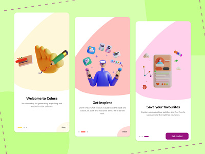 Colora - Colour palette app 3d color color mixer color picker explore illustration mobile app onboarding palette ui ux